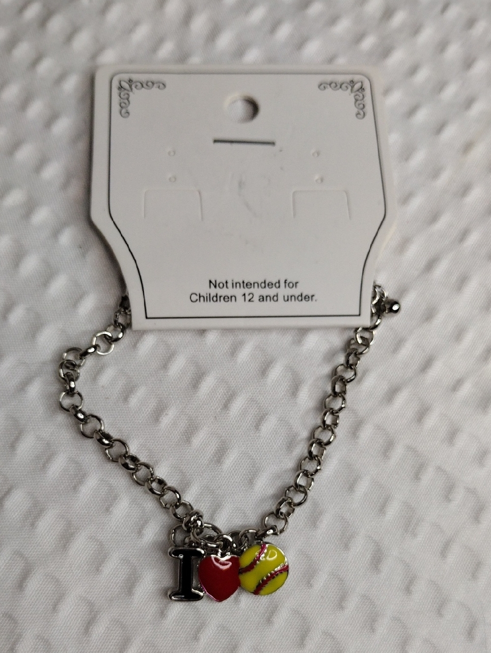 I Heart Softball Charm Bracelet - Silver Tone with Red & Yellow Charms
